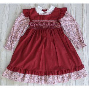 Vintage POLLY FLINDERS Hand Smocked Dress Christmas Burgundy, Size 6X